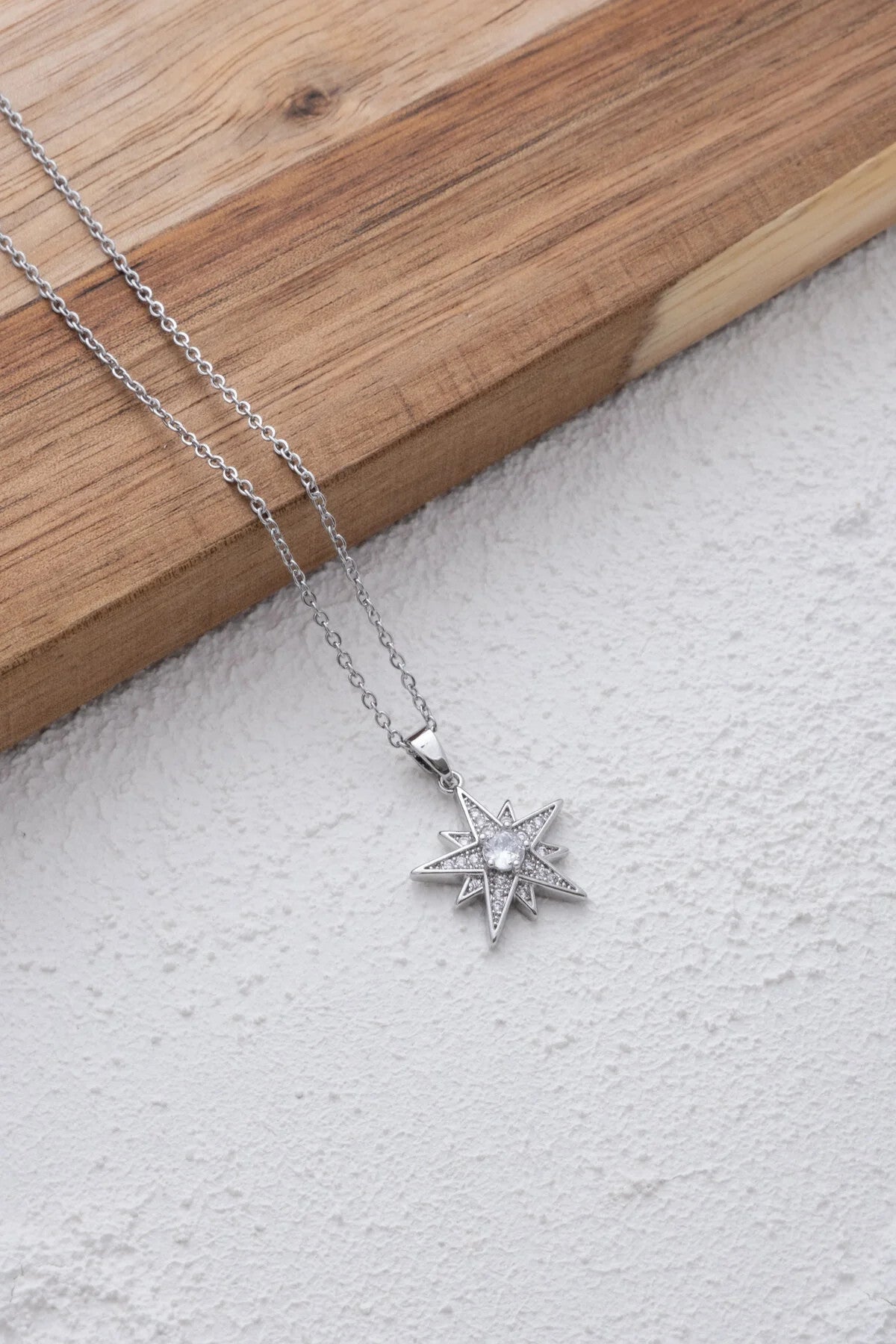 Çelik Yıldız Kolye Kutup Yıldızı Beyaz Zirkon Taşlı Kararmaz