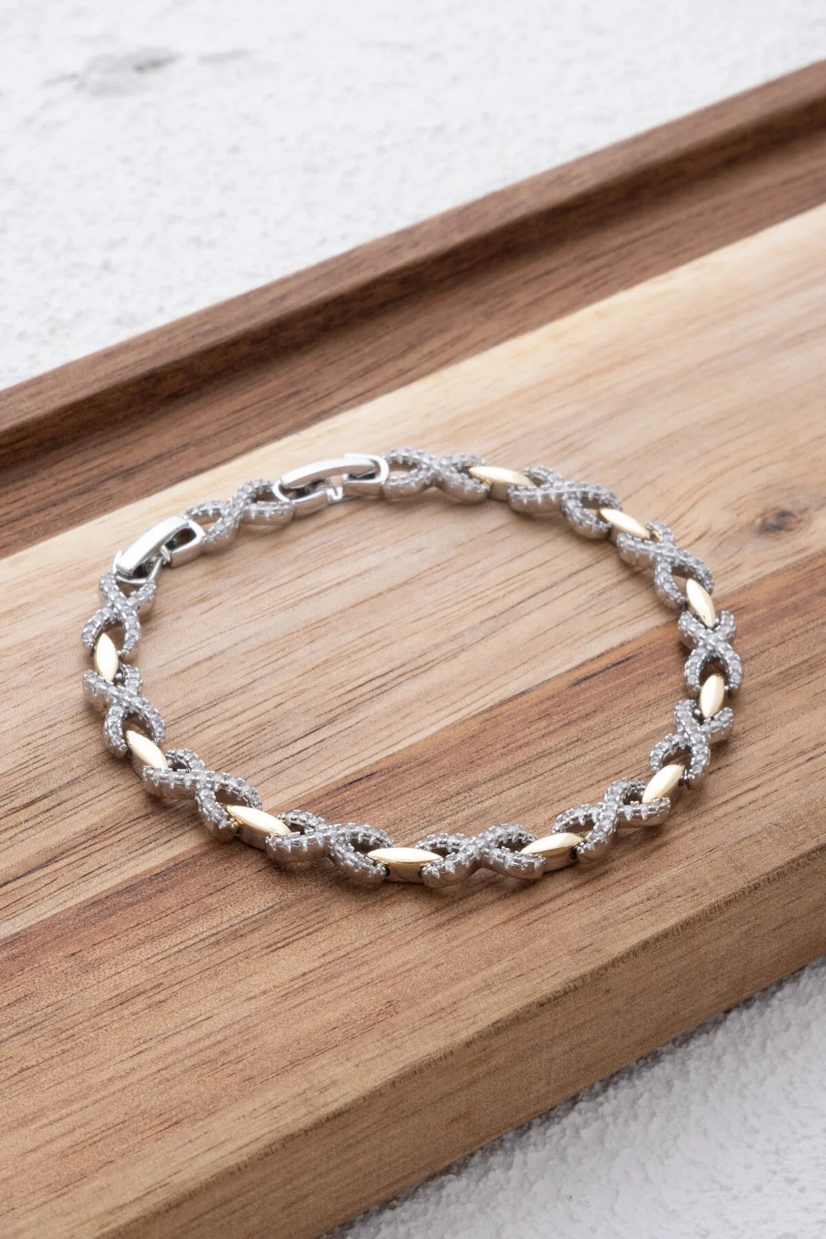 VIP Sonsuzluk Sembollü Bileklik Rodyum Kaplama Zirkon Taşlı 17+3cm Çift Renkli Gümüş Altın