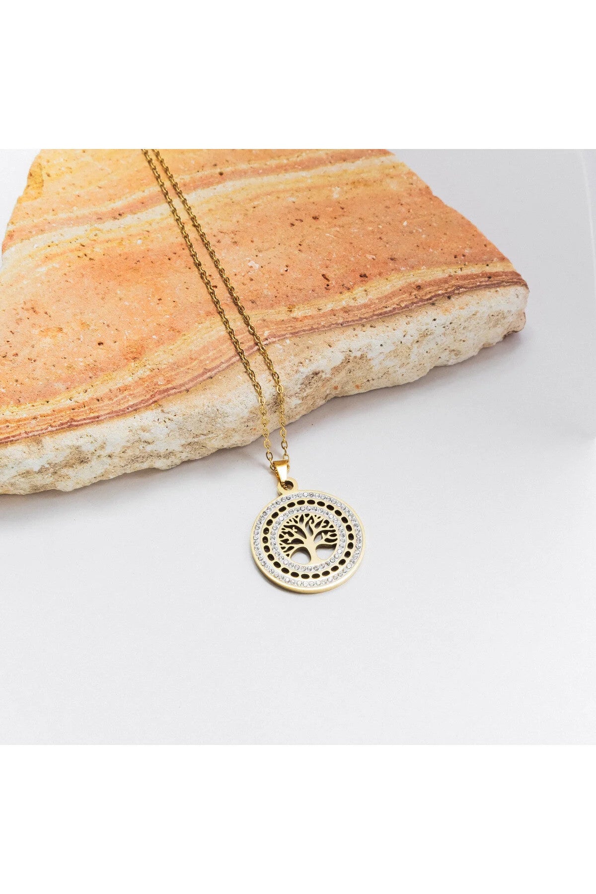Çelik Taşlı Hayat Ağacı Spiritüel Kolye Kararmaz