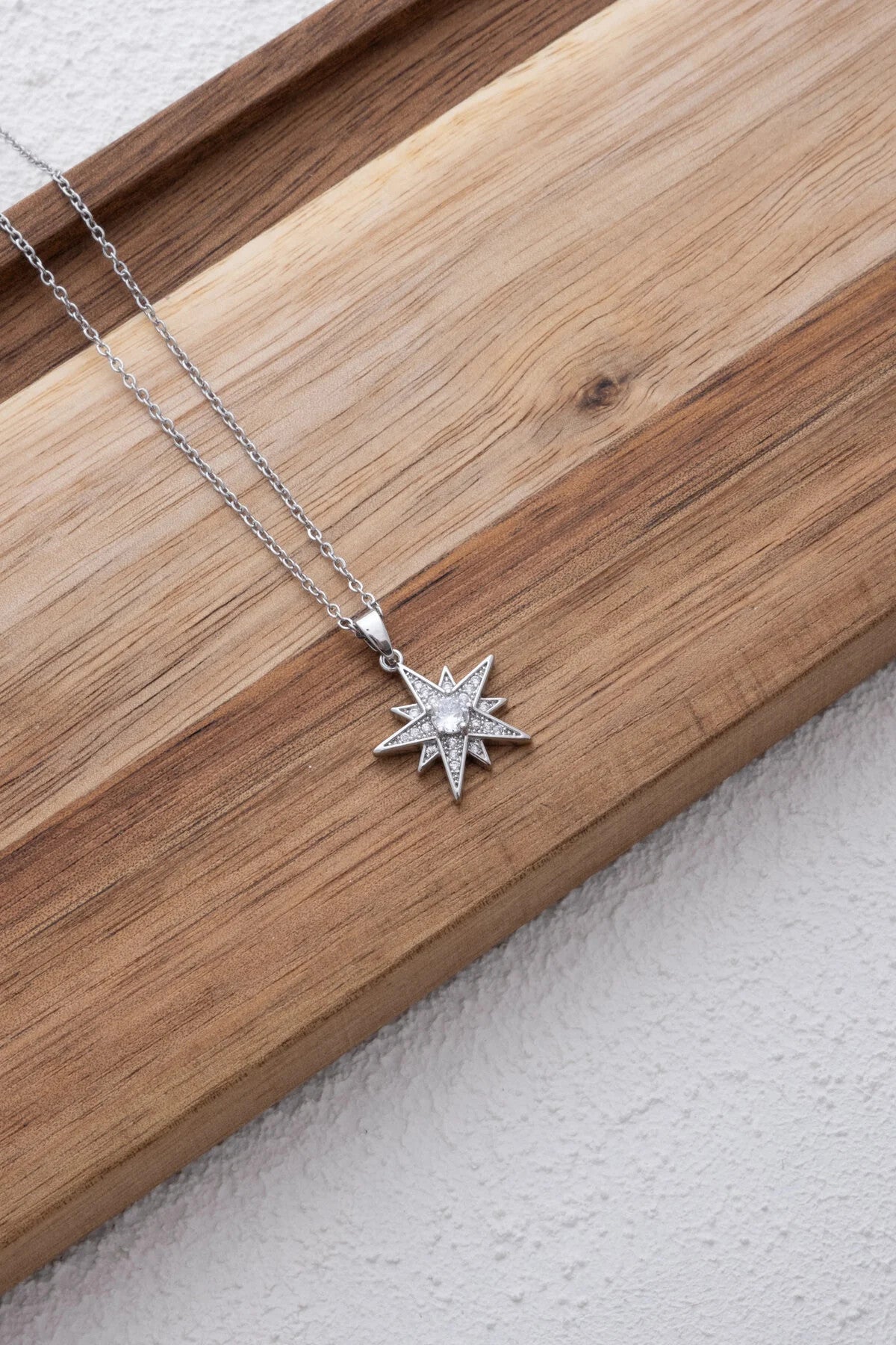 Çelik Yıldız Kolye Kutup Yıldızı Beyaz Zirkon Taşlı Kararmaz