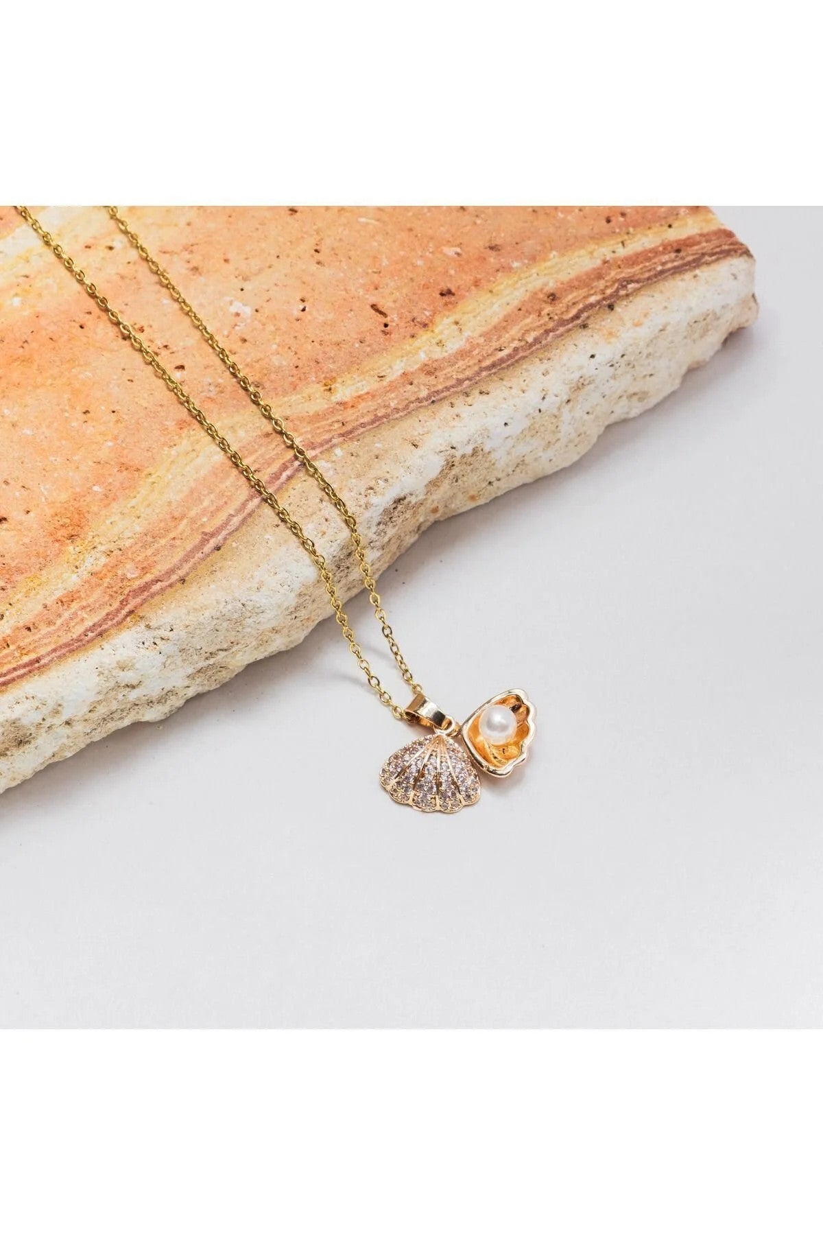 Çelik Incili Istiridye Kolye Kararmaz Inci Kolye 40cm 5cm