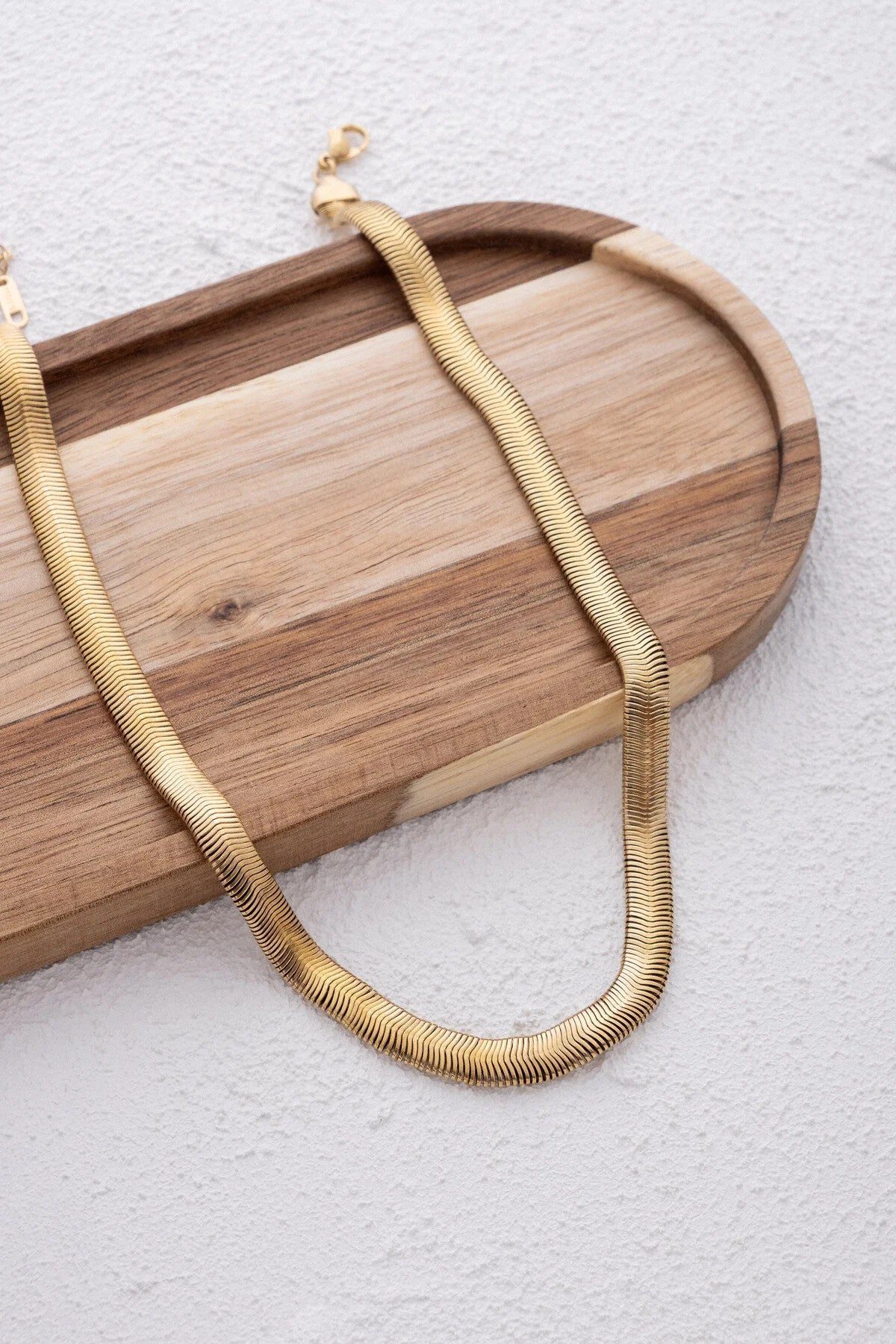 Çelik Kalın Yılan Kolye Balık Sırtı Yassı Zincir Kolye 5 mm Kararmaz 40cm+6cm