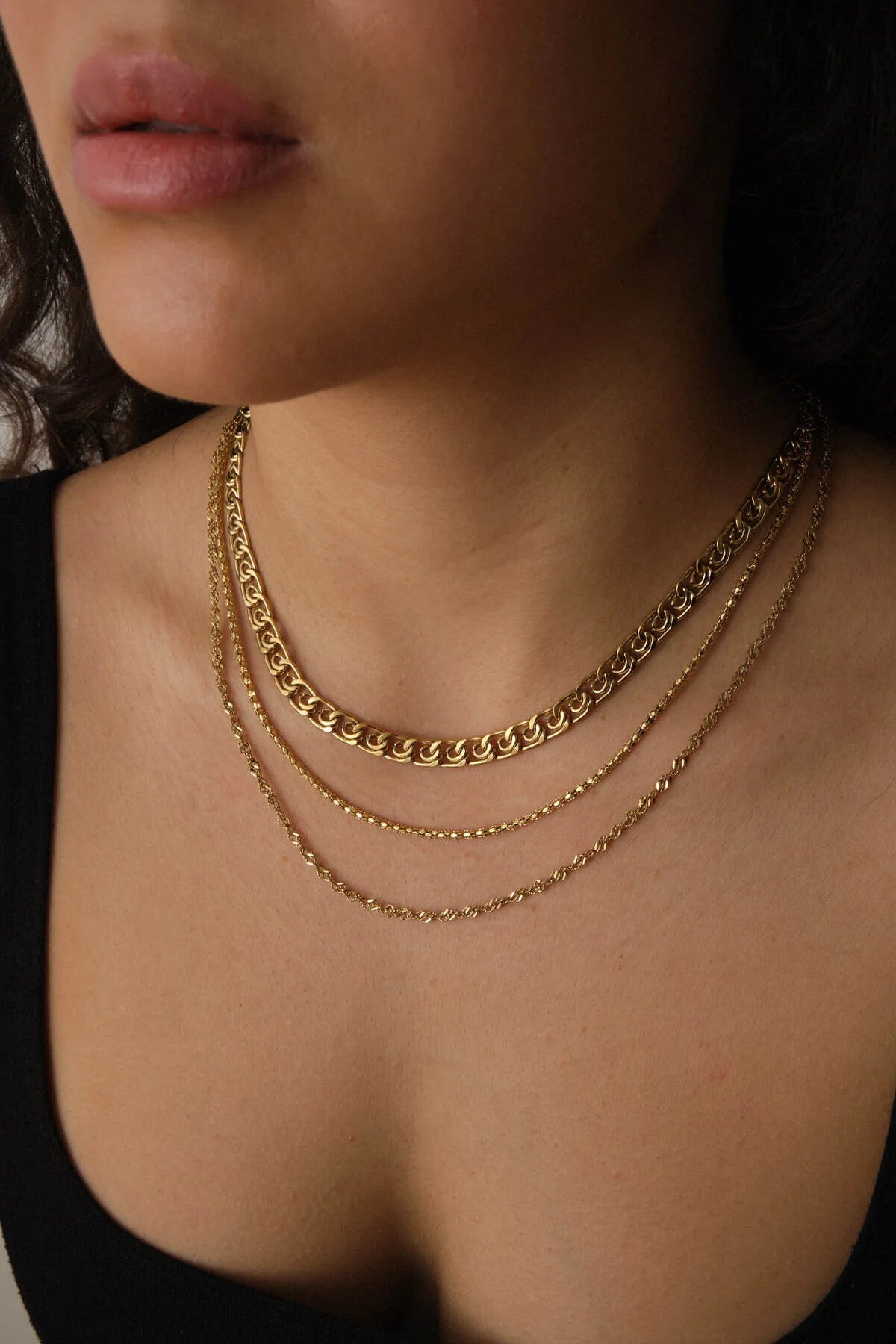 Çelik 3'lü Kombin Singapur, Salyangoz ve Pullu Halat Zincir Kolye Minimal Kararmaz 45cm