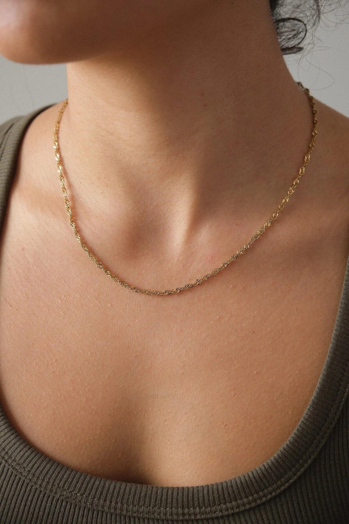 Çelik Singapur Zincir Kolye İnce İthal Singapur Sarma Burgu Zincir 2mm Zarif Minimal