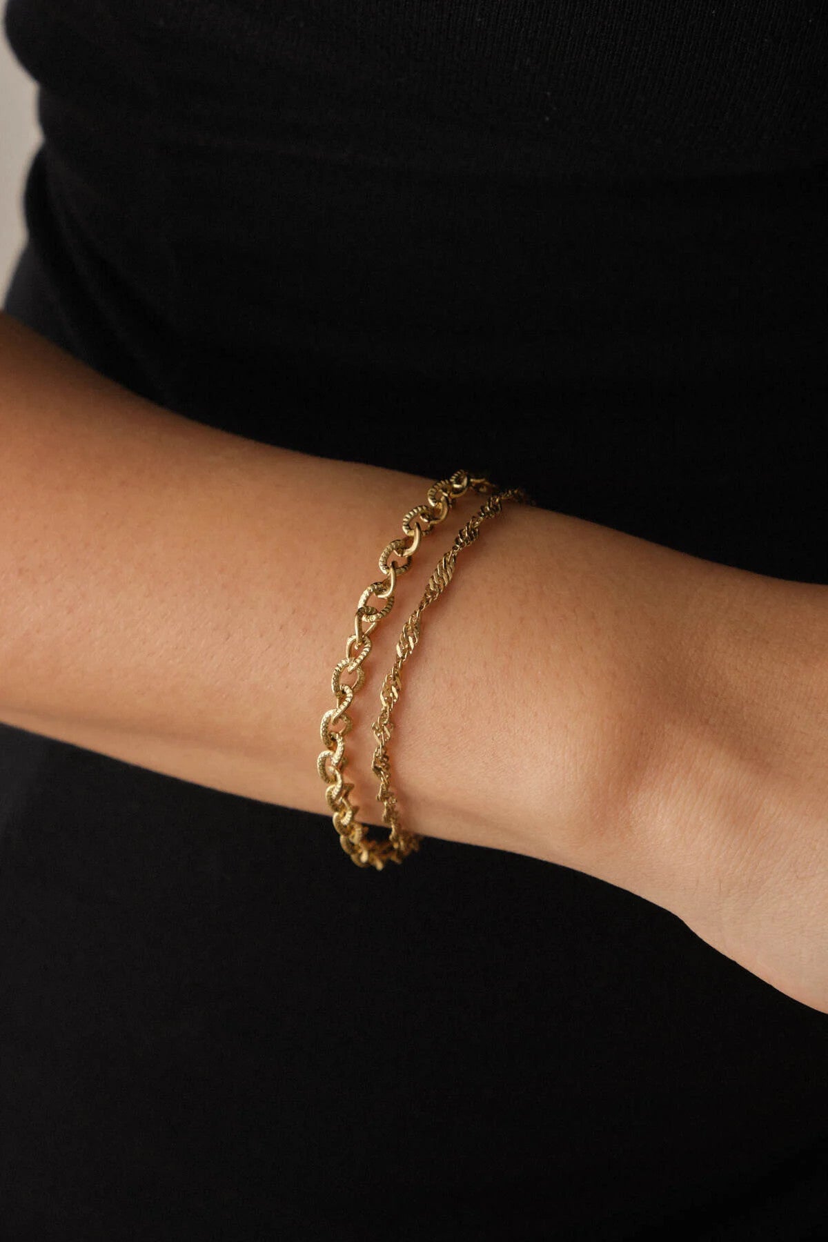 Çelik 2'li Kombin Singapur ve Dokulu Sarmal Zincir Bileklik Minimal Kararmaz 17+4cm