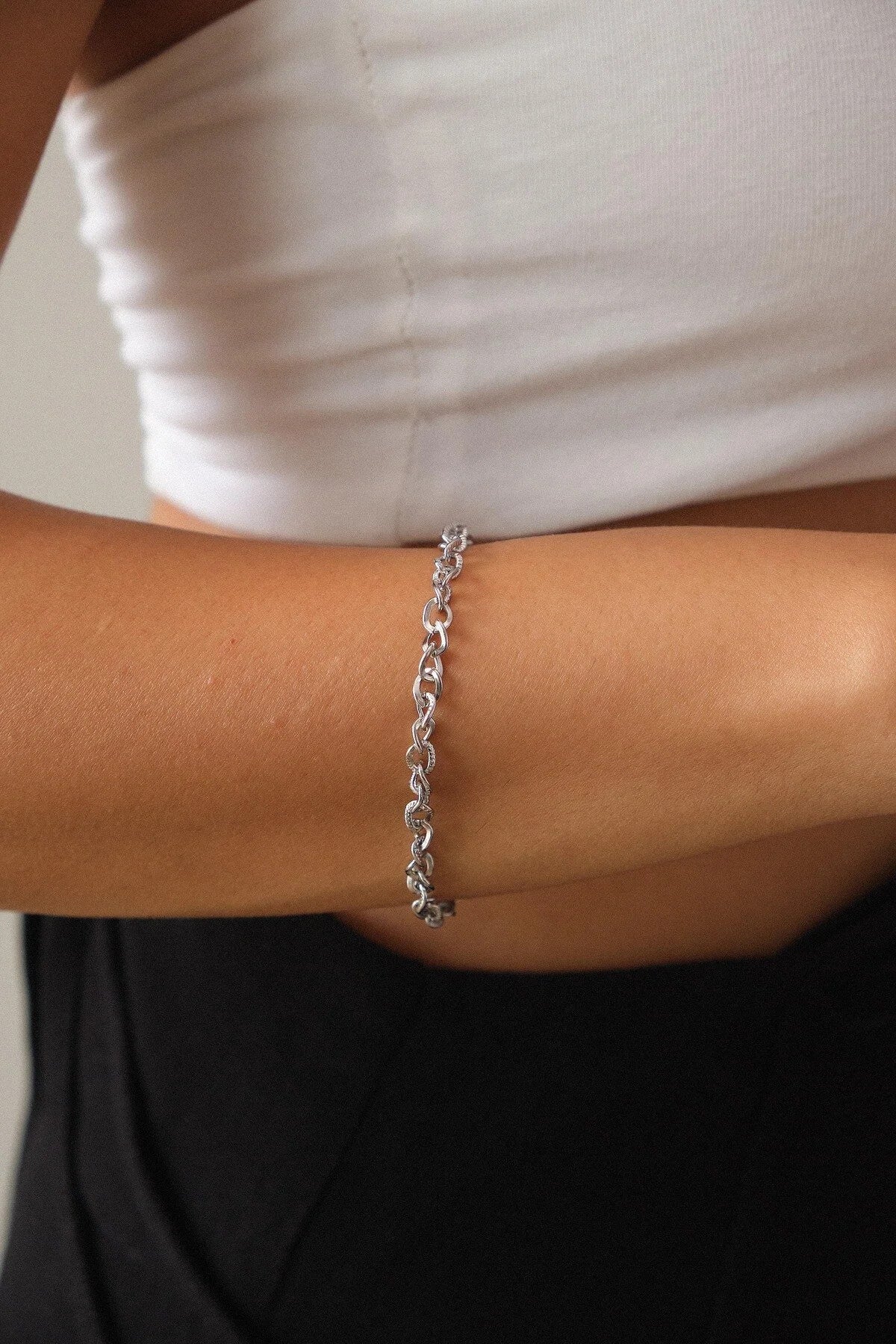 Çelik Dokulu Zincir Bileklik 4mm Minimal İnce İç İçe Geçmeli Halkalar 17cm+4cm&21cm