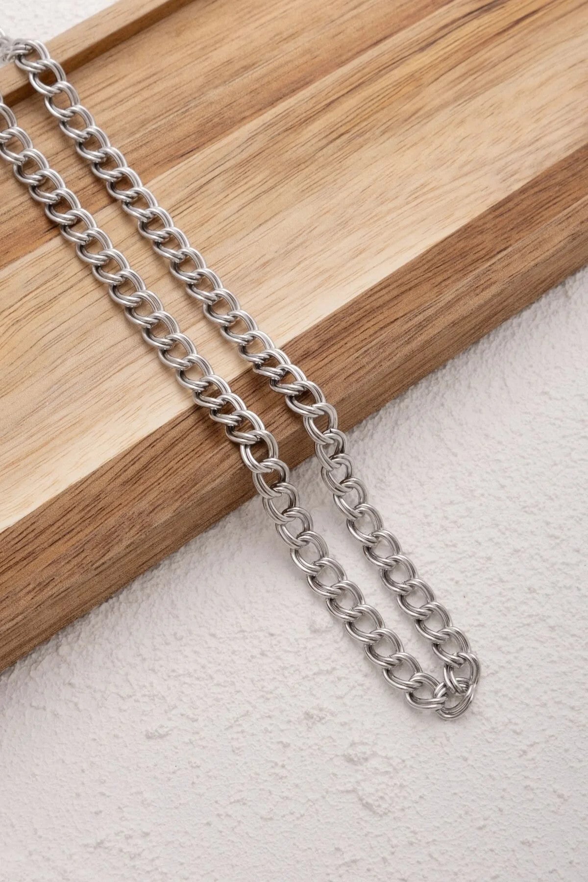 Çelik Çift Halkalı Zincir Kolye Kalın İç İçe Geçmeli Zincir Kolye 7mm Kararmaz