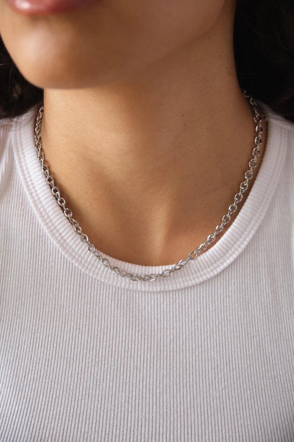 Çelik Dokulu Zincir Kolye Minimal İnce İç İçe Geçmeli Zincir Kolye 4mm Kararmaz