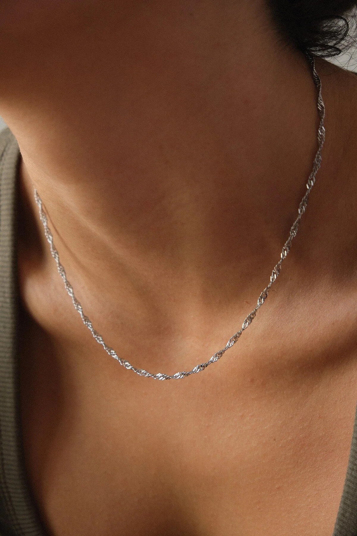 Çelik Singapur Zincir Kolye İnce İthal Singapur Sarma Burgu Zincir 2mm Zarif Minimal