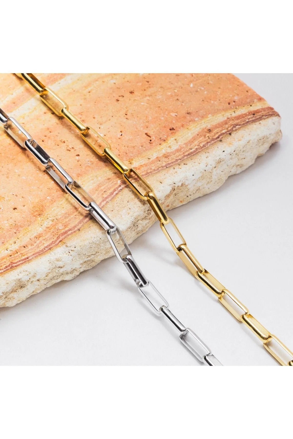 Çelik Dikdörtgen Zincir Kolye Kararmaz Zincir Unisex Gümüş