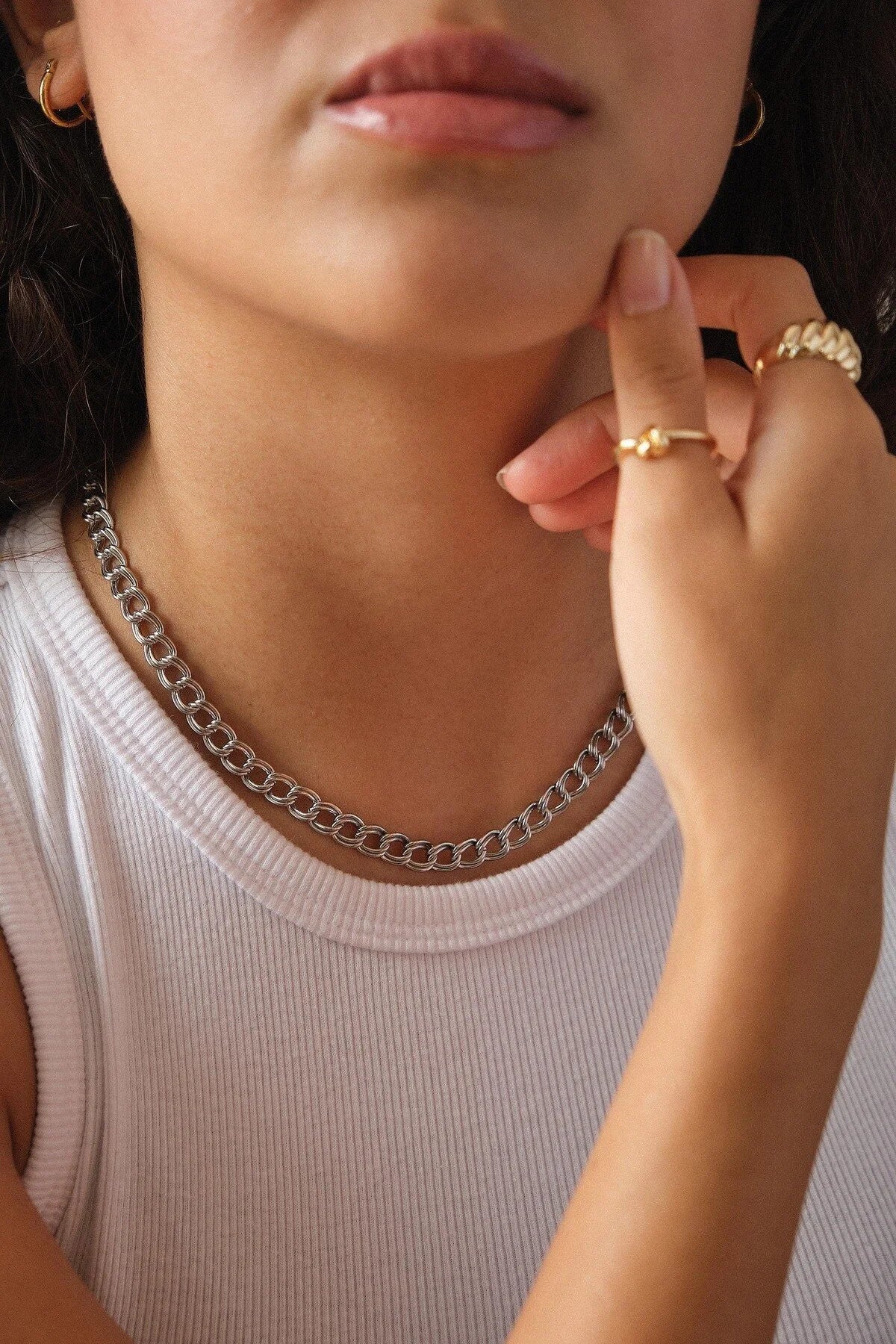 Çelik Çift Halkalı Zincir Kolye Kalın İç İçe Geçmeli Zincir Kolye 7mm Kararmaz