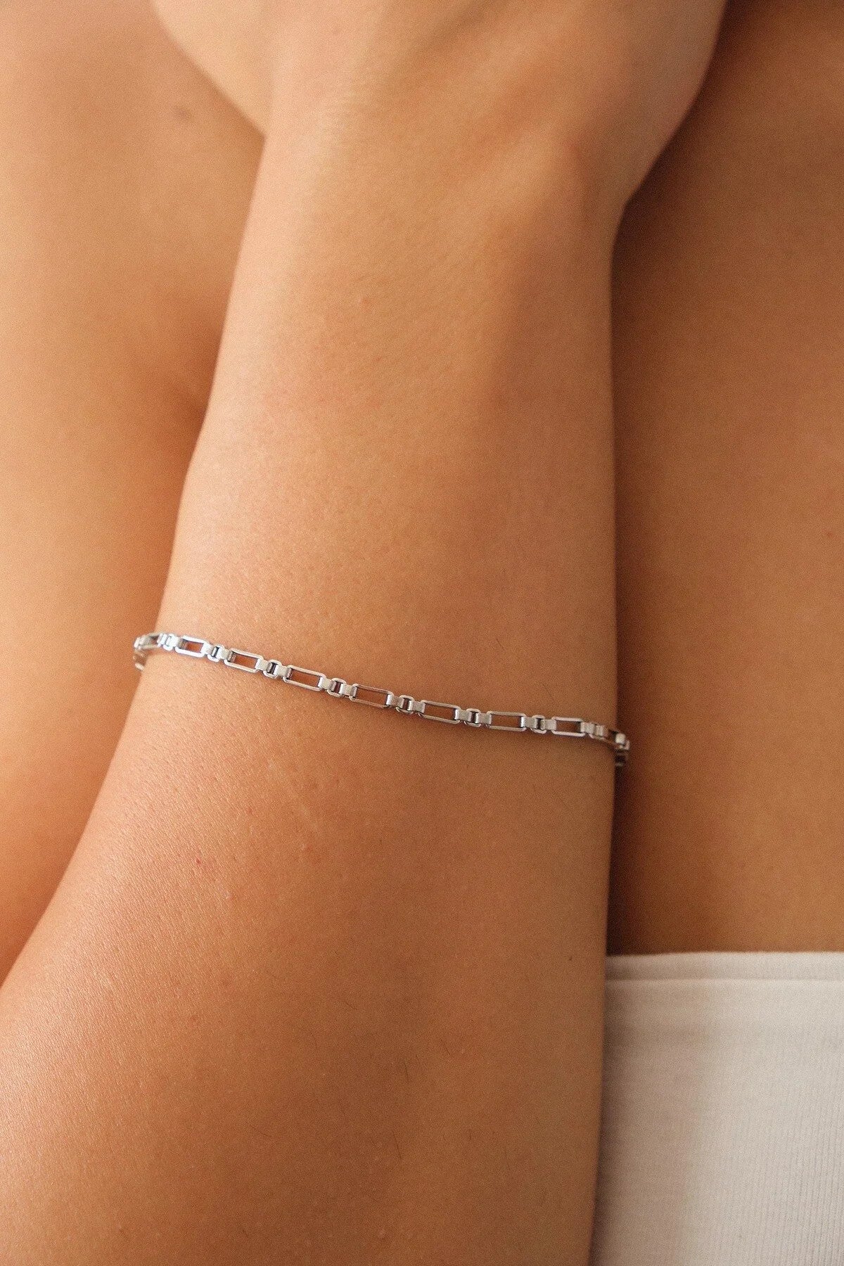 Çelik Dikdörtgen Kare Bileklik Kutu Dikdörtgen Bileklik 2mm Kararmaz 17cm+4cm-21cm