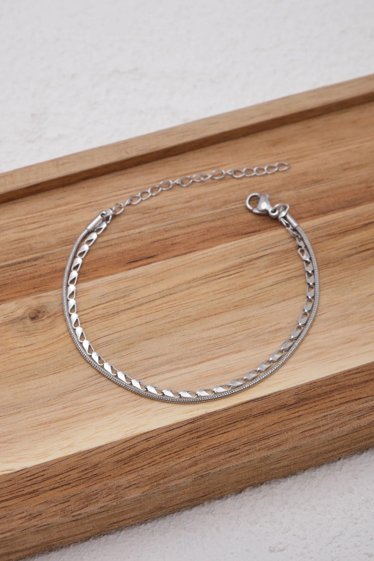 Çelik 2'li Kombin Halat İtalyan Ve Papağan Zincir Bileklik Minimal Kararmaz 17+4cm