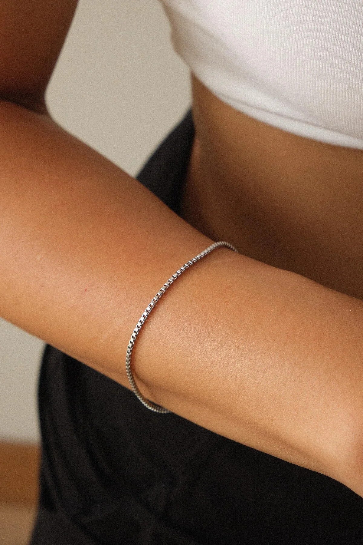 Çelik Kutu Kare Zincir Bileklik İnce Box Küba Zincir 1mm Zarif Minimal 17cm+4cm&21cm